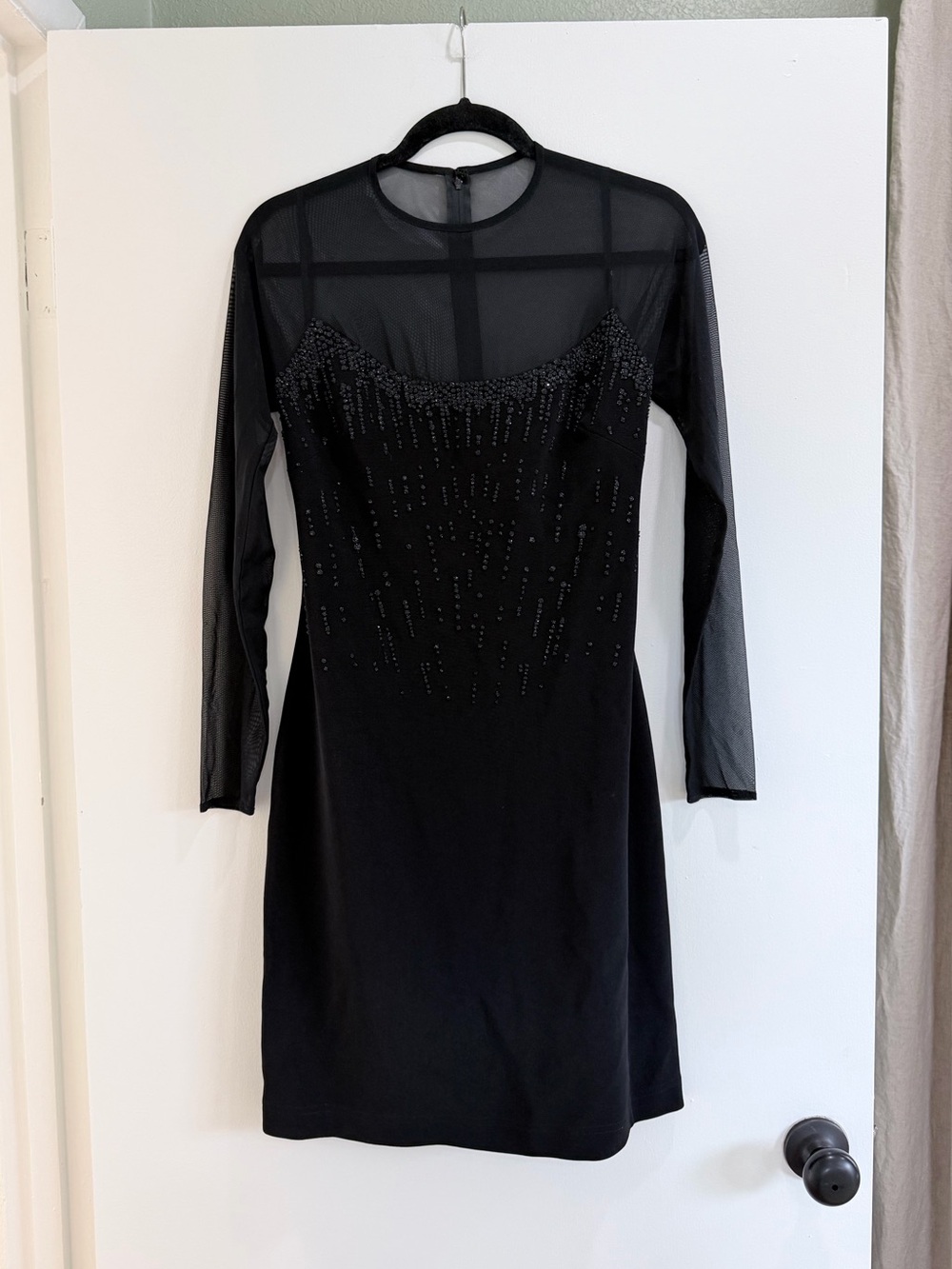 Vintage Tadashi Black Beaded Mesh Illusion Long Sleeve Dress Sz L Whimsigoth M